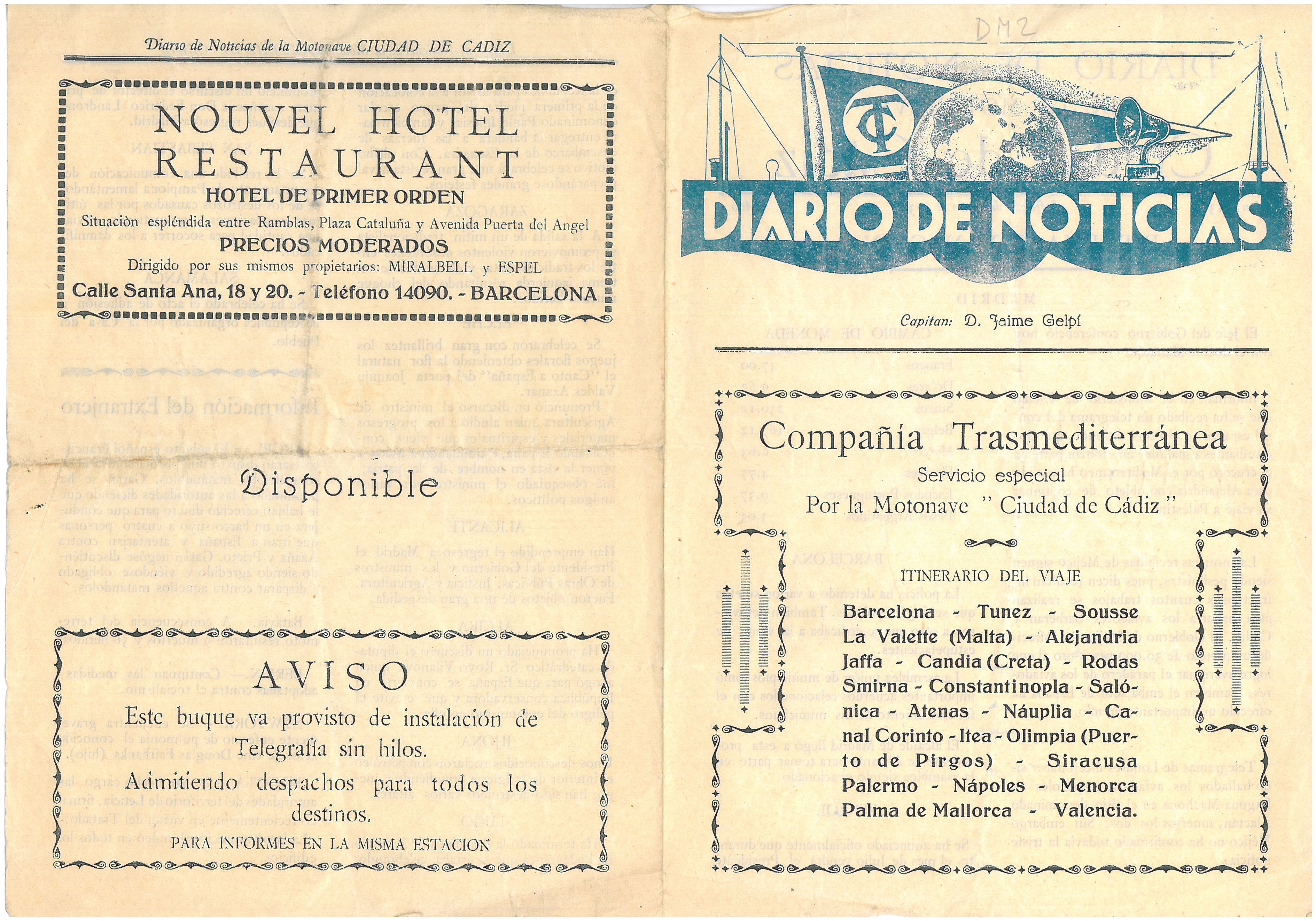 3. Copy of the "Diario de noticias", newspaper edited aboard the "Ciudad de Cádiz".