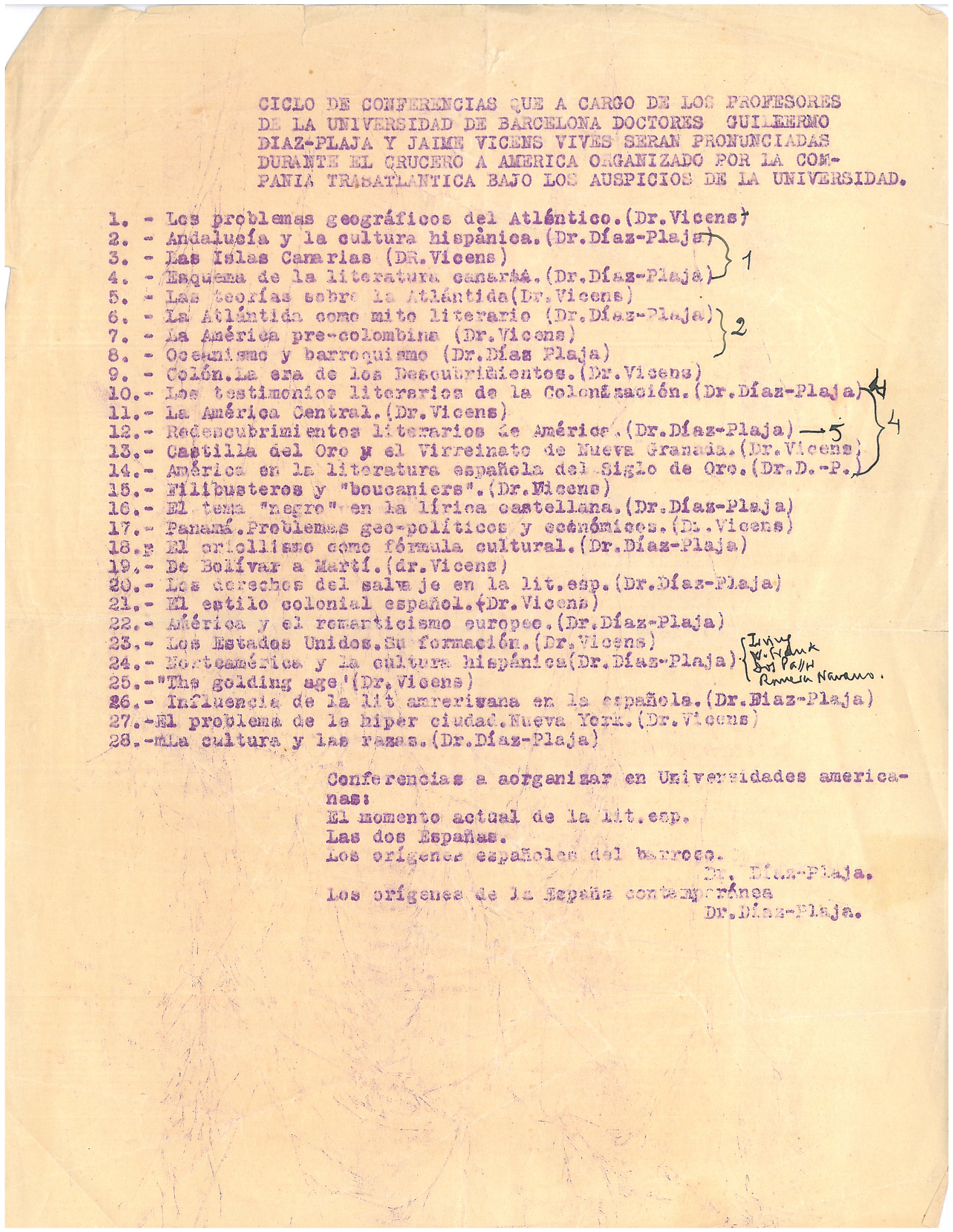 48. First draft of the lecture programme of G. Díaz-Plaja and J. Vicens Vives.
