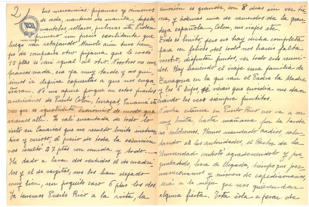 50. Letter from C. Taboada to her parents detailing the on-board  daily life.