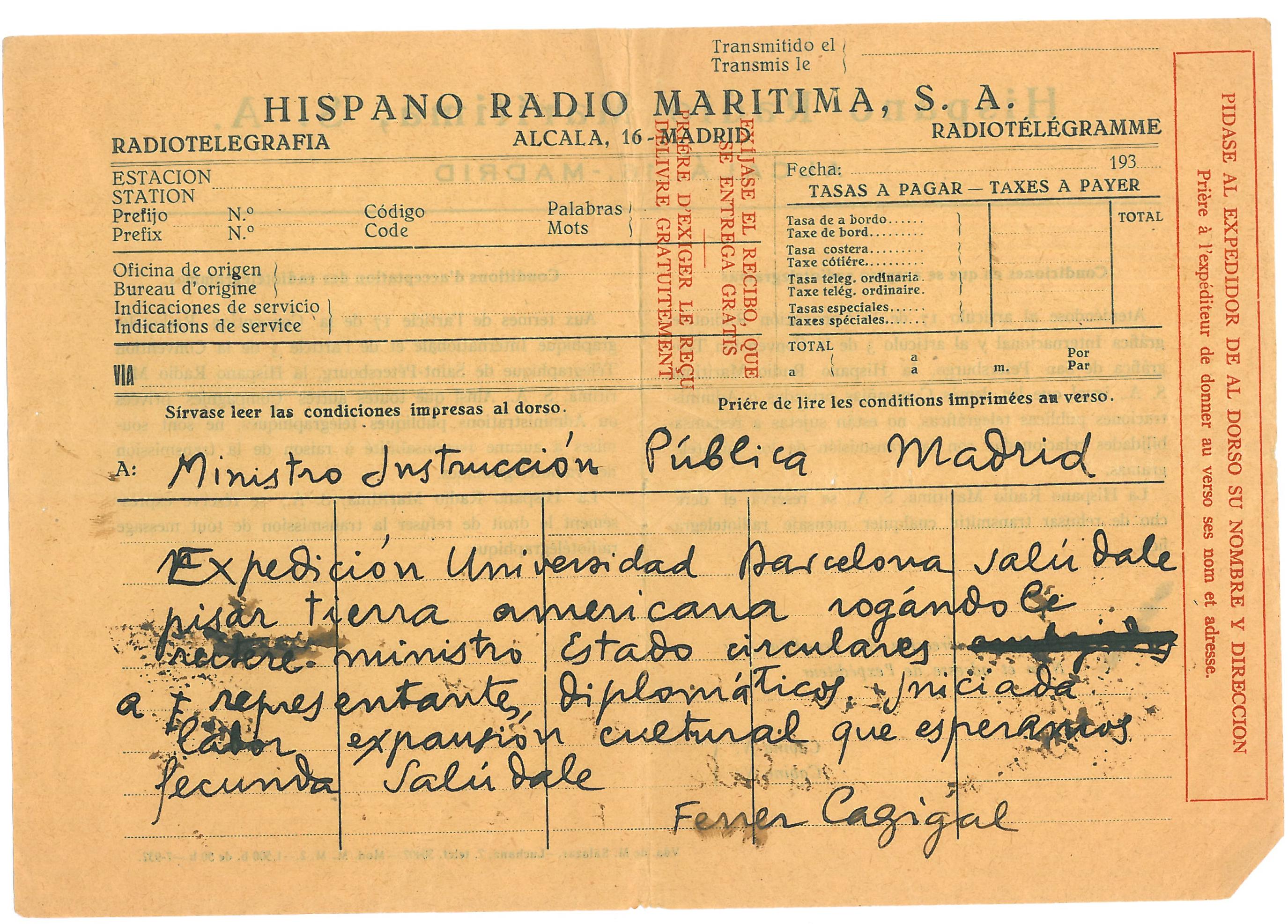 52. The expedition chief addresses the Madrid authorities, once the Cruise reached America.