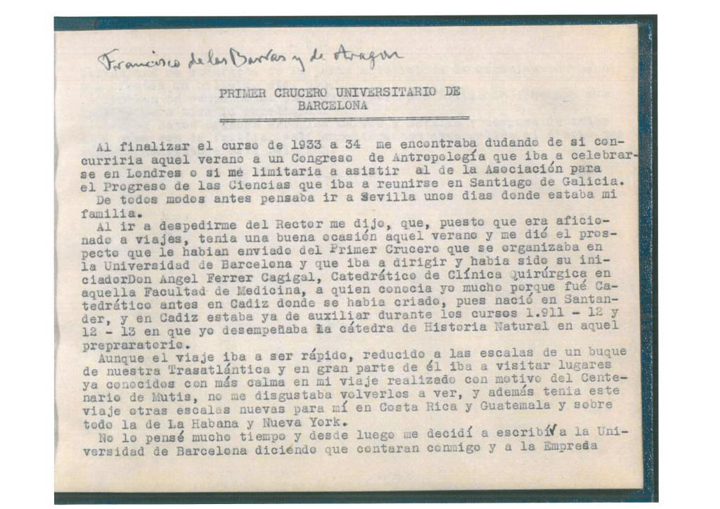 57. Unpublished typed copy of a detailed chronicle of the trip, written by Professor F. de las Barras y de Aragón. Source: Royal Botanical Gardens of Madrid.