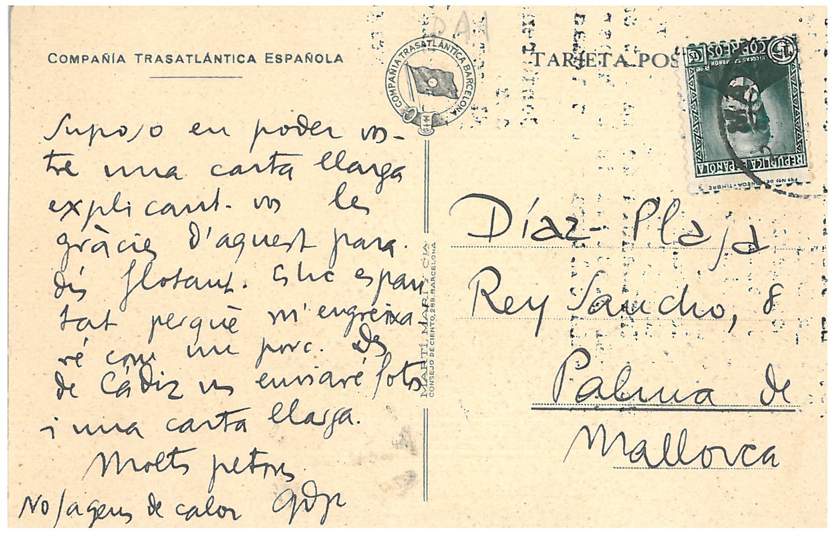 60. A postcard from G. Díaz-Plaja enthusiastically talking about the culinary pleasures of the ship.