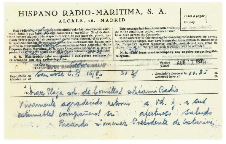 74. Un cablegrama del Presidente de la República de Costa Rica dirigido a los expedicionarios.