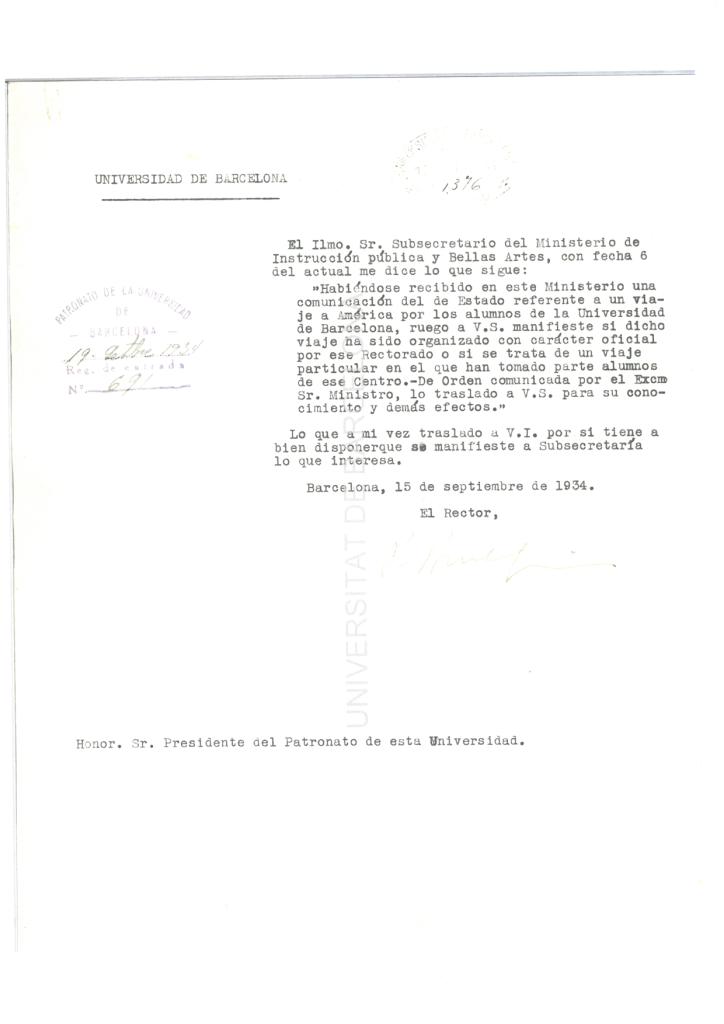89. El Rector de la Universidad Autónoma de Barcelona se dirige al  Presidente del Patronato, informándole de una demanda de información sobre el Crucero de 1934 realizada por el Ministerio de Instrucción Pública.