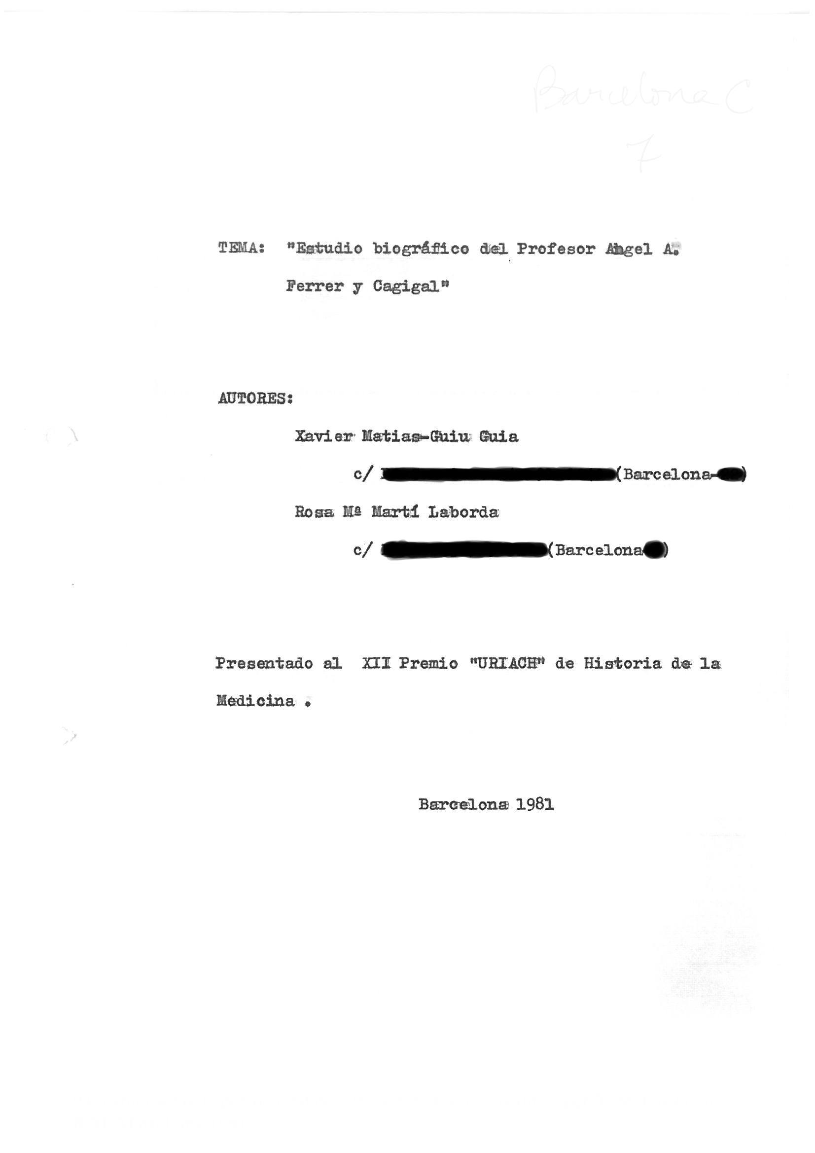 94. Estudio sobre la personalidad del Dr. Ferrer y Cagigal realizado por X. Matias-Guiu y R.M. Martí en el año 1981.