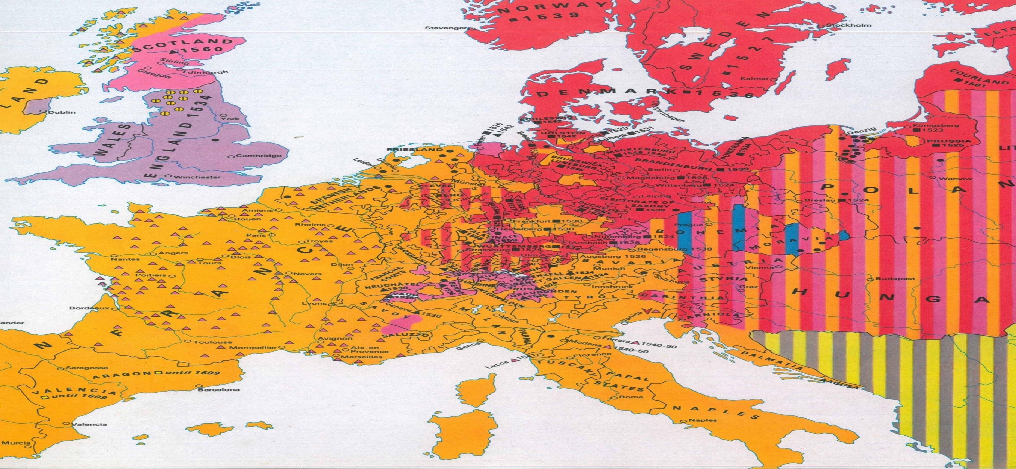 01. Mapa de la situación religiosa en Europa durante el s. XVI. En: Geofrrey BARRACLOUGH, ed. "The Times Atlas of World History". London : Times Books, pp. 182-183.