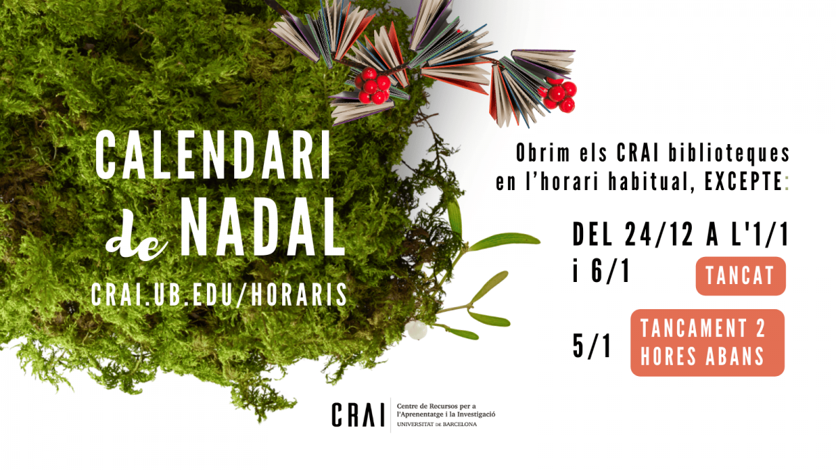 Horaris de Nadal i període d'exàmens 2023-2024 als CRAI Biblioteques de la UB