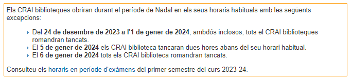 Horaris de Nadal i període d'exàmens 2023-2024 als CRAI Biblioteques de la UB
