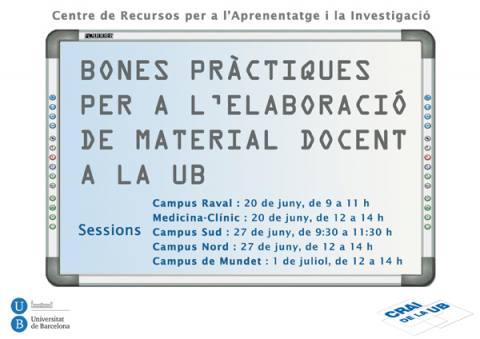 Cartell informatiu i promocional de la formació en bones pràctiques per a l'elaboració de material docent realitzada a alguns CRAI Biblioteques