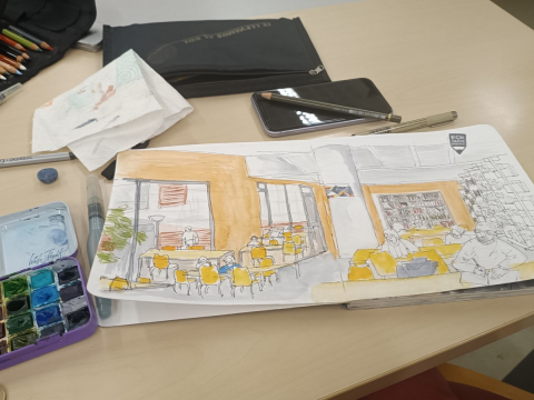El Sketch Breakfast Club visita el CRAI Filosofia, Geografia i Història i omple els seus espais d'art amb aquarel·les