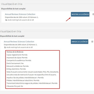 Visualització al Cercabib de les condicions d'ús dels recursos electrònics subscrits per la UB