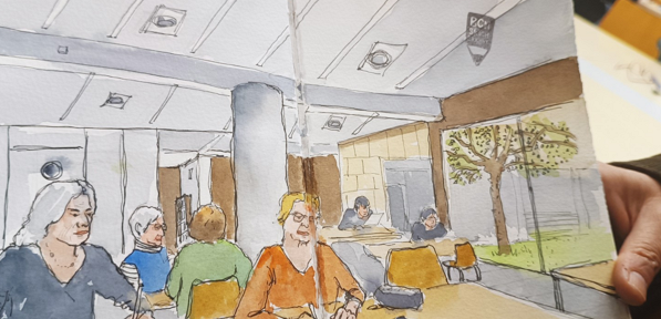 El Sketch Breakfast Club visita el CRAI Filosofia, Geografia i Història i omple els seus espais d'art amb aquarel·les